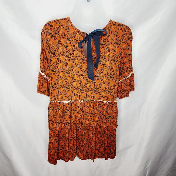 Matilda Jane Orange Floral Boho Print Ruffled Tiered Stretchy Tunic Top Small - Picture 10 of 12